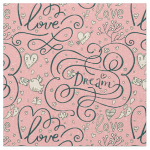 Tissu Motif romantique avec des coeurs et des oiseaux