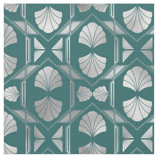 Tissu Motif Shell Art Déco Turquoise et argenté (Fermer)