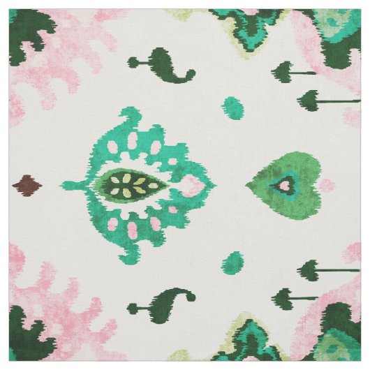 Tissu motif tribal de ikat vert et rose à texture chic (Échantillon)