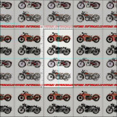 Tissu MOTOCYCLES VINTAGES CLASSIQUES gris rouge noir (Carreau)