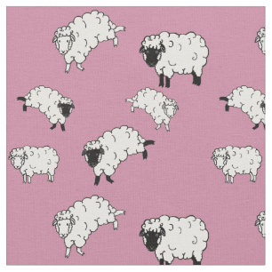 Tissu Moutons noirs/blancs/petits agneaux sur le rose 2
