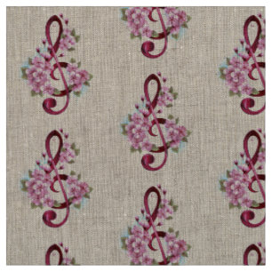 Tissu Musical treble clef notes with sakura flowers