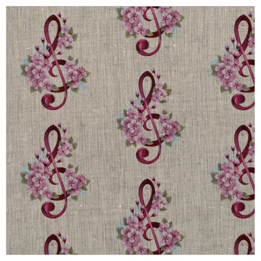 Tissu Musical treble clef notes with sakura flowers (Échantillon)