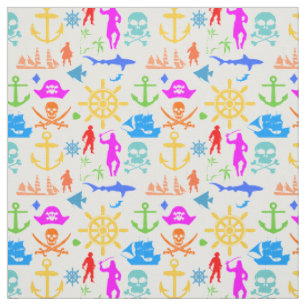Tissu Navires, Poissons, Pirates. Motif nautique coloré