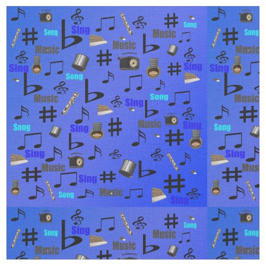 Tissu Notes Musicales Bleues Cordes Et Mots, (Fermer)