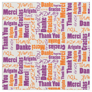 Tissu Nuage de mots de Merci violet et orange