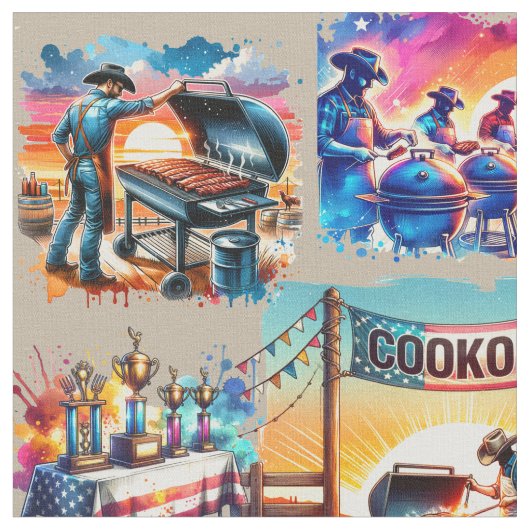 Tissu Occidental Cowboy BBQ Scènes de Cookoff 1 (Fermer)