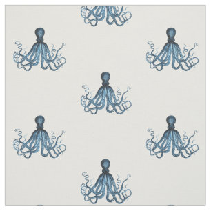 Tissu Octopus kraken nautique plage côtière bleu