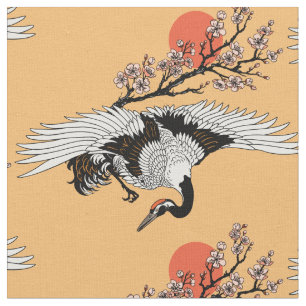 Tissu Oiseau de grue japonais et sakura en fleurs