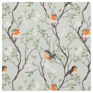 Tissu oiseau Robin vignes et fleurs botaniques