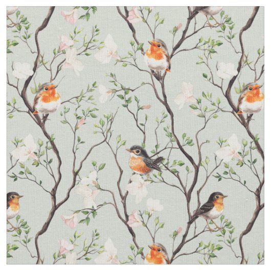 Tissu oiseau Robin vignes et fleurs botaniques (Fermer)