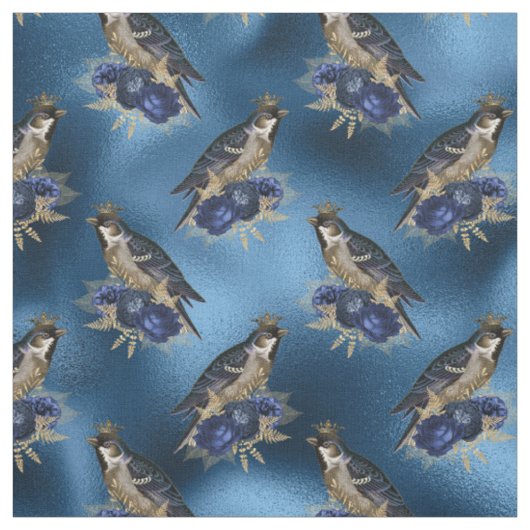 Tissu Oiseaux couronnés de fleurs en bleu (Échantillon)