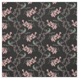 Tissu Oiseaux de brousse et fleurs roses sur le noir