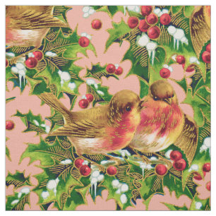 Tissu Oiseaux de Noël Vintage Holly Faux Motif d'or