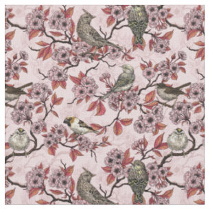 Tissu Oiseaux et fleurs de cerisier sur fond rose