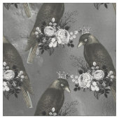 Tissu Oiseaux noirs couronnés et fleurs blanches sur gri (Fermer)