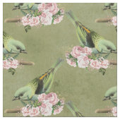 Tissu Oiseaux verts et flore rose (Fermer)
