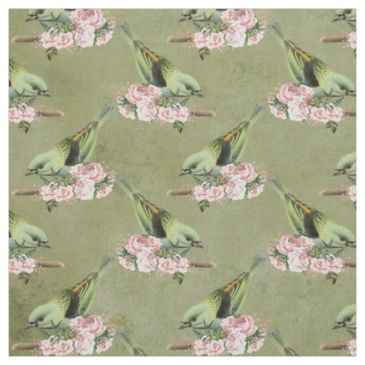 Tissu Oiseaux verts et flore rose (Échantillon)