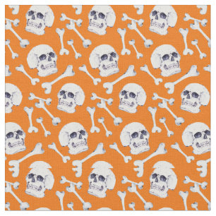 Tissu Orange Citrouille crâne et os