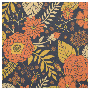 Tissu Orange rétro, Jaune & Marine Floral 