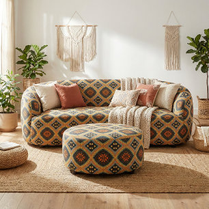 Tissu Orange Turquoise Noir Ethnic Motif Boho