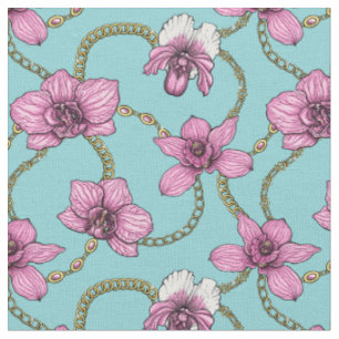 Tissu Orchidées et chaînes, roses et bleues