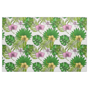 Tissu Orchidées et feuilles de palmiers, rose, jaune, ve