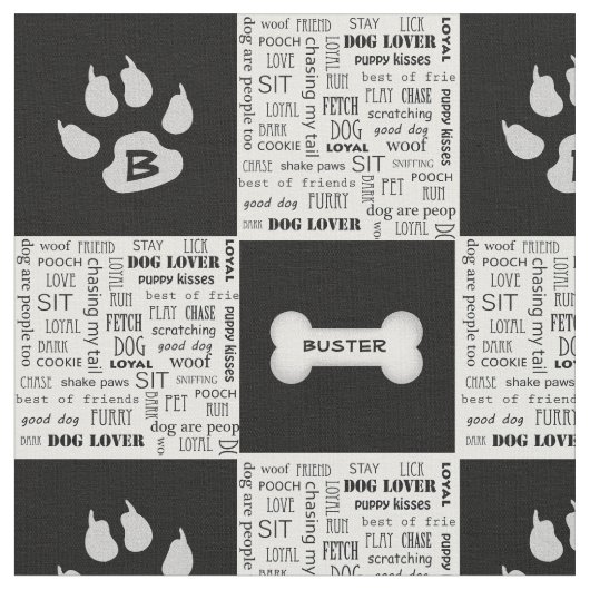 Tissu Os de chien noir et blanc | Nom et monogramme (Fermer)