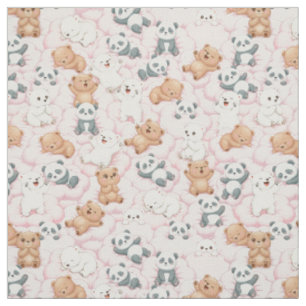 Tissu Ours et pandas mignons sur des nuages roses sans c