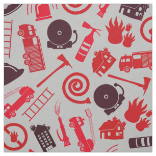 Tissu Outils et symboles pompiers gris