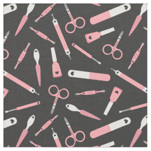 Tissu Outils Manicuriste blanc noir rose pâle Motif