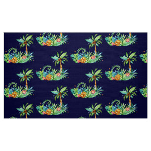 Tissu Palmiers tropicaux et fleurs sur la marine