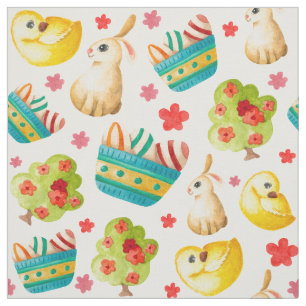 Tissu Panier de Pâques Œufs Lapins Poulets Motif