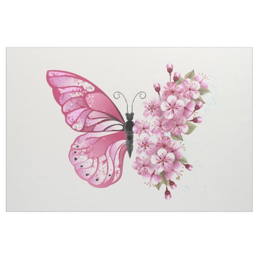 Tissu Papillon à fleurs avec Sakura rose (Yard)