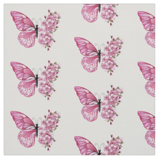 Tissu Papillon à fleurs avec Sakura rose (Échantillon)