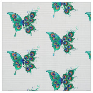 Tissu Papillon aux plumes de paon vert