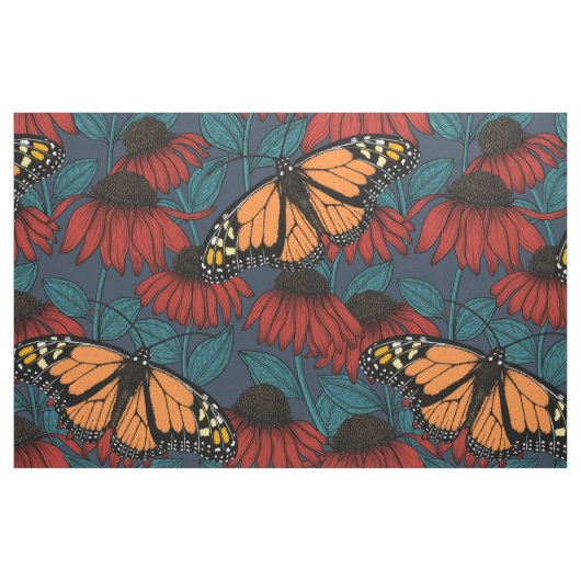 Tissu Papillon monarque sur des fleurs rouges (Fat Quarter)