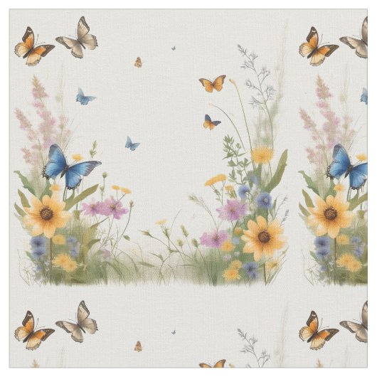Tissu Papillons D'Aquarelle Et Fleurs sauvages, (Fermer)