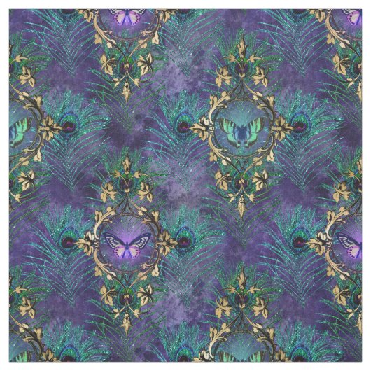 Tissu Papillons encadrés et plumes de paon (Échantillon)