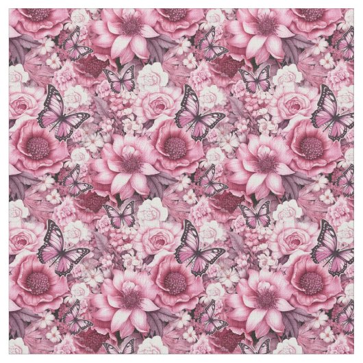 Tissu Papillons et Fleurs dans des tons roses variés (Fermer)