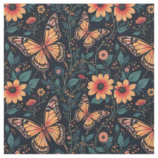 Tissu Papillons et fleurs orange (Fermer)