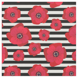 Tissu Pavots et rayures noires - motif sans couture