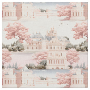 Tissu Paysage rose, bleu et ivoire