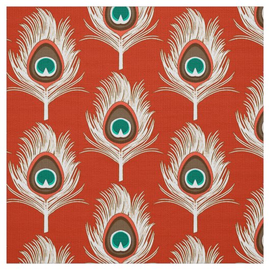 Tissu Peacock Feathers, Blanc sur Mandarin Orange (Échantillon)