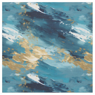 Tissu Peinture Abstraite Bleue, Blanche et Dorée