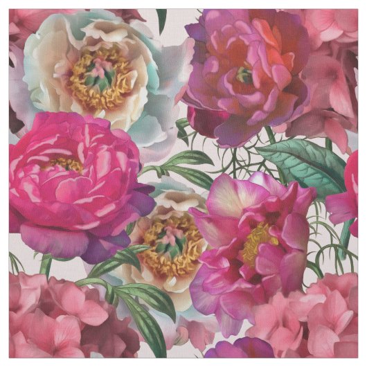 Tissu Peonies roses rouges et fleurs d'Hydrangée (Échantillon)
