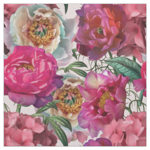 Tissu Peonies roses rouges et fleurs d'Hydrangée