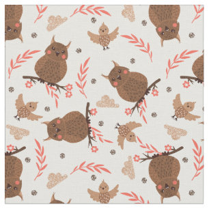 Tissu Petit hibou Brown et Motif d'oiseaux
