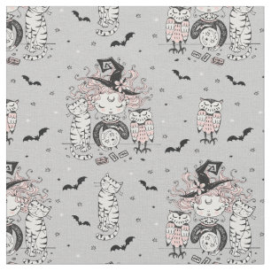 Tissu Petites sorcières mignonnes avec chats et chouett