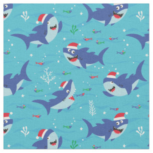 Tissu Petits requins de Noël sur arrière - plan bleu